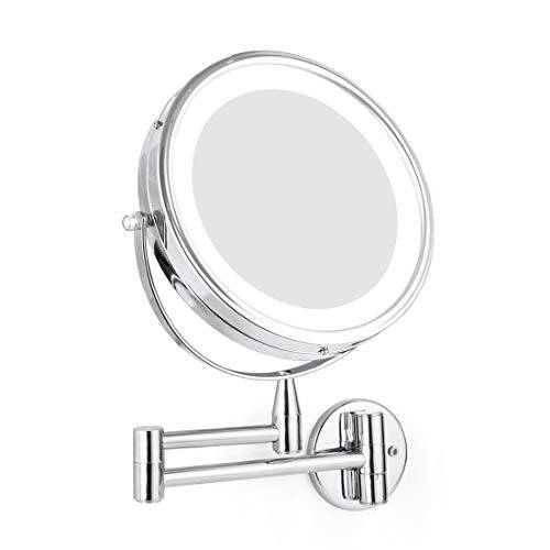 FIRMLOC Wall Mounted LED Magnifying Mirror 5X Makeup 8 Lighted Double Side 360 Degree Vanity Magnification Swivel Extendable Mirror