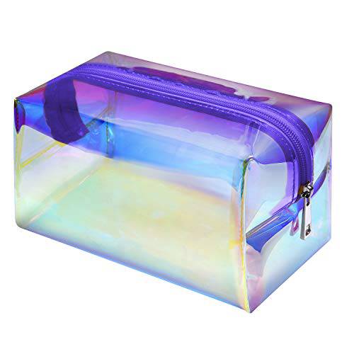 F-color Holographic Makeup Bag - Clear Makeup Bag for Women - Travel Clear Cosmetic Bag - Waterproof Large Clear Makeup Pouch with Zipper , Purple