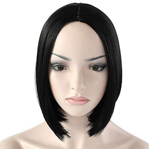 OneDor 11 Short Straight Middle Part Synthetic Heat Resistant Bob Wigs, Full Head Hair Wigs for Women, Girls (1B - Off Black)