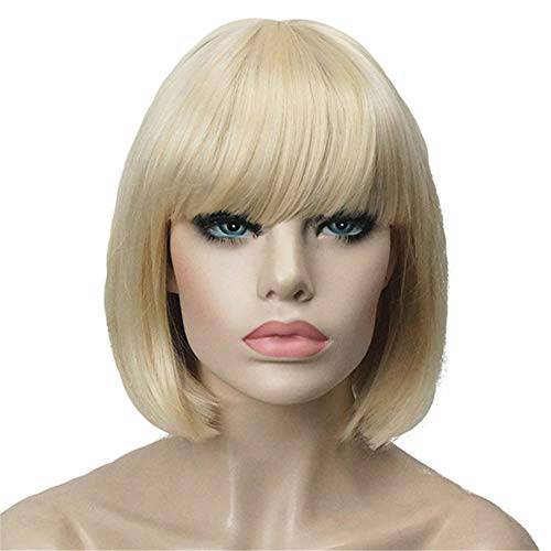 Aimole Short Straight Bob Wig Cute Flat Bangs Synthetic Full Women Wigs(613-Pale Blonde)