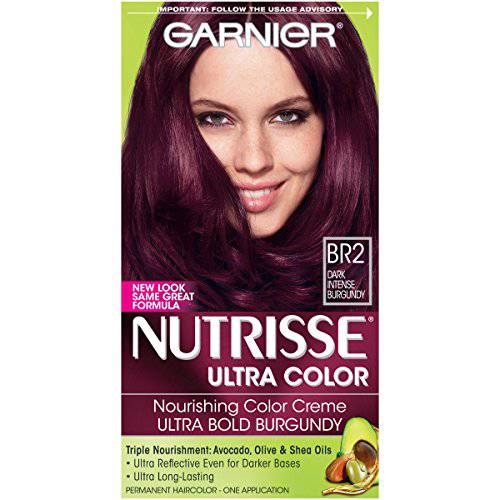 Garnier Nutrisse Ultra Color Nourishing Permanent Hair Color Cream, BR2 Dark Intense Burgundy (1 Kit) Red Hair Dye (Packaging May Vary), 1 Count