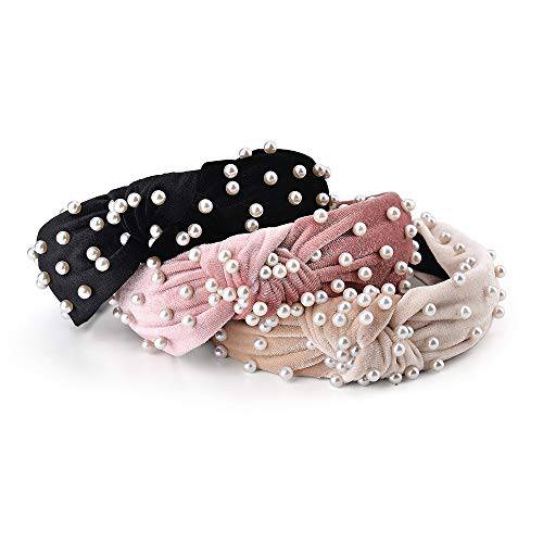 3 Pack Velvet Wide Headbands Knot Turban Headband Vintage Hairband with Faux Pearl Elastic Hair Hoops Fashion Hair Accessories for Women and Girls