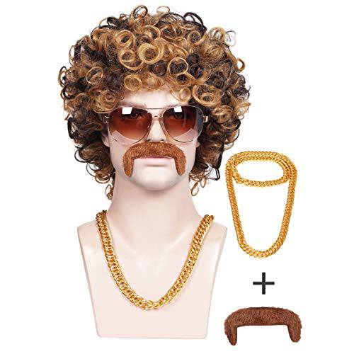 ColorGround 3-Pieces Chain and Moustache and Short Curly Wig for 70’S Disco Party (Brown with Blonde(3 pieces set))