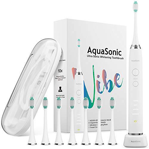 Aquasonic Vibe Series Ultra Whitening Toothbrush – ADA Accepted Electric Toothbrush - 8 Brush Heads & Travel Case – 40,000 VPM Motor & Wireless Charging - 4 Modes w Smart Timer – Optic White