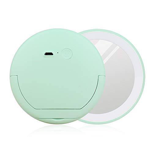 Travel Makeup Mirror with Light, Vanity Mirror LED, Comestic Mirror Portable Mini Night Rechargeable with Multifunction Phone Holder New Version 2019 - Green
