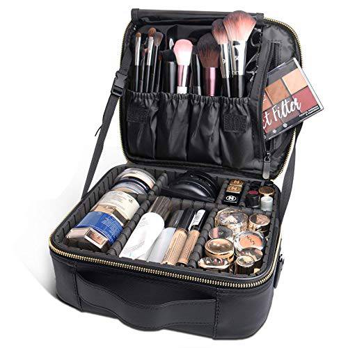 Bvser Travel Makeup Case, Cosmetic Train Case Organizer Portable Artist Storage Makeup Bag with Adjustable Dividers for Cosmetics Makeup Brushes Toiletry Jewelry Digital Accessories - Black