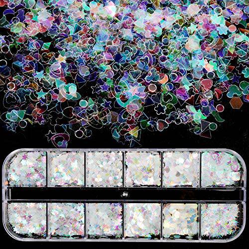 12 Boxes Holographic Nail Sequins, Teenitor Iridescent Mermaid Flakes Ultra-Thin Colorful Glitter Sticker, for Nail Art Decoration, Paillette Cosmetic Festival Glitter, Craft or Face Hair Decor