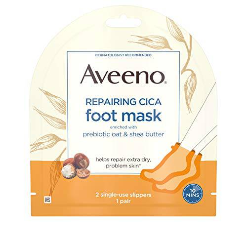 Aveeno Repairing CICA Foot Mask with Prebiotic Oat and Shea Butter, Moisturizing Foot Mask for Extra Dry Skin, 6 Pair (Pack of 6)
