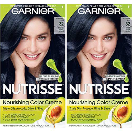 Garnier Hair Color Nutrisse Nourishing Creme, 32 Intense Berry Black (Blueberry Jam) Permanent Hair Dye, 2 Count (Packaging May Vary)