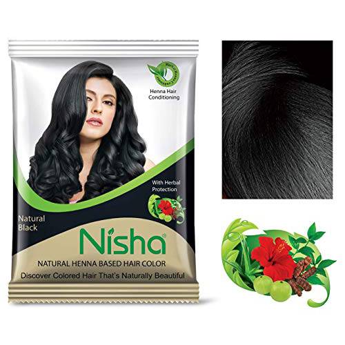Nisha Henna Based Semi Permanent Hair Color 10gm Each Packet with 1 Hair Color Brush (Pack of 10 10gm, Natural Black)