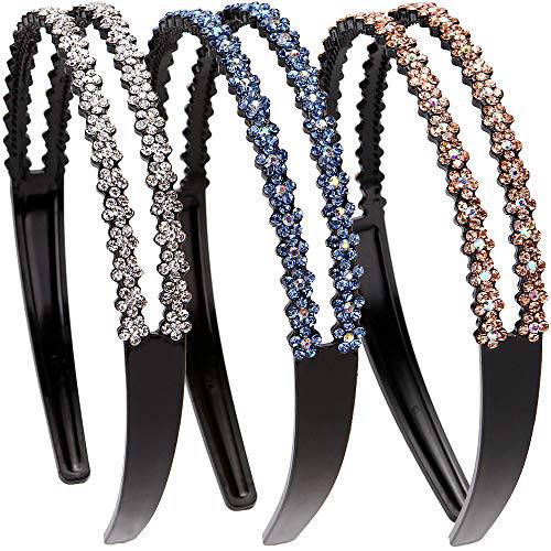 LONEEDY 3 Pack Fashion Rhinestone and Crystal Hard Headbands,Double Row Non-slip Teeth Hairband for Women (Silver+Gold+Light blue)