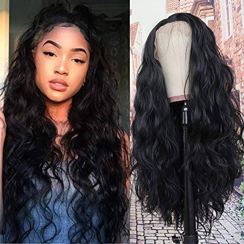 QD-Tizer Black Long Loose Curly Wave Glueless Lace Front Wigs Heat Resistant Natural Hairline Synthetic Lace Front Wigs for Fashion Women 26 inch
