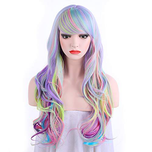 OneDor Long Curly Multi-Color Pastel Colorful Rainbow Hair Full Wigs - Charming Party Wig