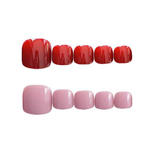 24pcs Press On Toenails for Women Short Solid Color Fake Toenails for Big Toe False Toenails with Glue Acrylic False Toenails Full Cover Red Pink