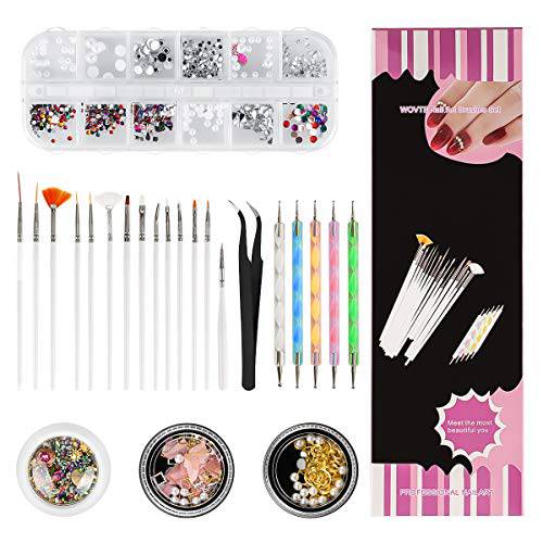 Nail Art Kit, WOVTE 15 Gel Acrylic Painting Brushes, 5 Dotting Pens, 12 Grids Nail Art Rhinestones, 2 Pack Colorful Diamonds Crystals Beads Gems Nail Art Decorations and 1 Tweezers for Nail Art DIY