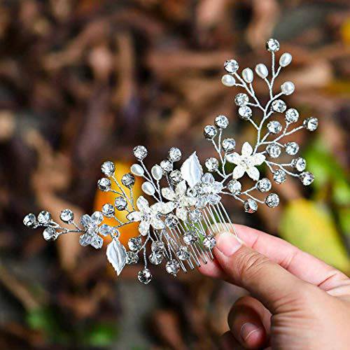 Asooll Pearl Bride Wedding Hair Comb Crystals Bridal Hair Clip Flower Hair Accessories for Women and Girls (Silver)