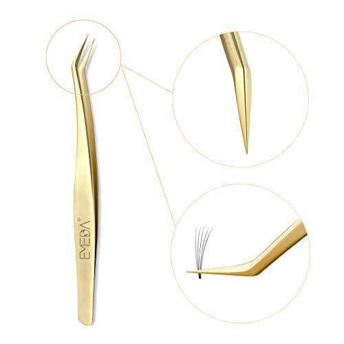 EMEDA Eyelash Extension Tweezers for Make Fans Professional Precision Stainless Steel 45 Degree Curved Angled 17 mm Fine Tips Golden Lashing Volume Tweezers Tool for Lash Extension Supplies