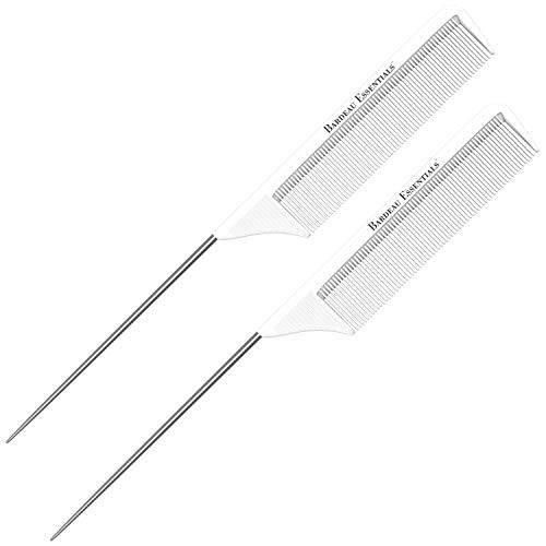 8.8 Inch White Metal Tail Comb (2 Pack) Carbon Fiber and Stainless Steel Pintail | Lightweight | Rat Tail Styling Combs for all Hair Types | Fine Tooth Teasing Comb Set (White 2 Pack)