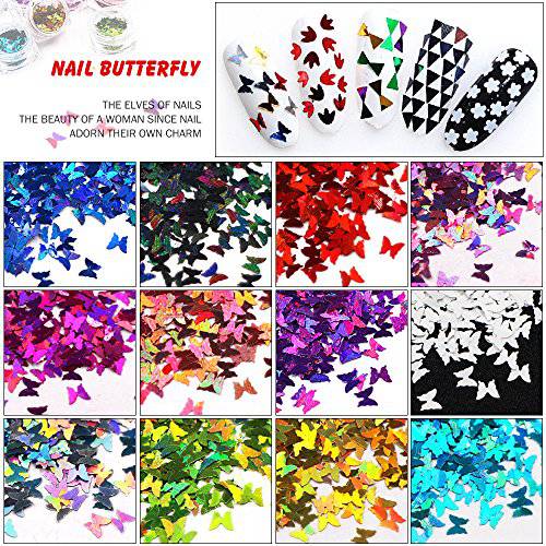 Minejin Nail Art Glitter Sequins Butterfly Shinning Acrylic 3D Flakies Stickers Tips Decoration 12 Color