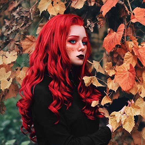 IMSTYLE Hot Red Lace Front Wigs for Women Long Wavy Synthetic Hair Ariel Cosplay Wigs Heat Resistant Realistic Natural Hairline for Party Drag Queen