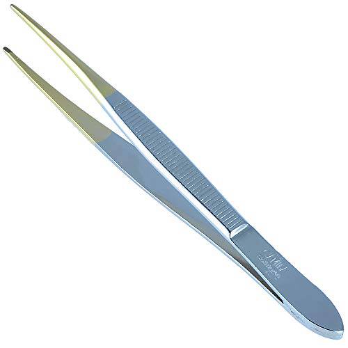 Camila Solingen CS32 3 1/2 Gold Tipped, Surgical Grade, German Stainless Steel Tweezers (Pointed) - Flawless Eyebrow and Facial Hair Shaping and Removal for Men/Women