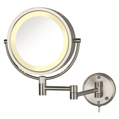 Jerdon Two-Sided Wall-Mounted Makeup Mirror with Lights - Lighted Makeup Mirror with 8X Magnification & Wall-Mount Arm - 8.5-inch Diameter Mirror with Nickel Finish Wall Mount - Model HL75N