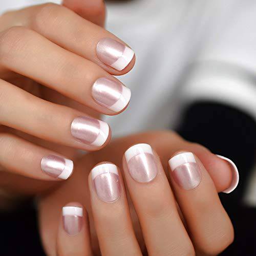 Pearl Shine Pink French Nail Press On Nails for Daily Wear White Round Fake Nails Short Glossy Satin Artificial Lady Fingernails with Adhesive Tabs