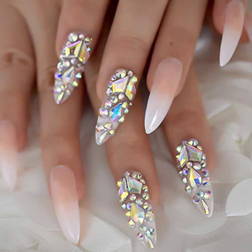 Luxury Fake Nails Designer Extra Long Ombre French Jewelry Pre-designed Nails Natural Stiletto AB Stones Decoration Tips
