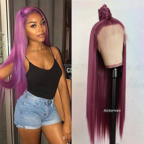 Missyvan Long Straight Hair Purple Color Hair Wigs Glueless Heat Resistant Fiber Hair Synthetic Hair Smokey Purple Wigs for Fashion Women