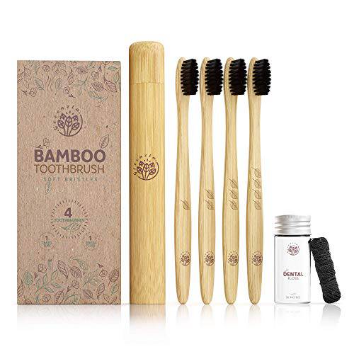 GREENZLA Bamboo Toothbrush (4 Pack) with Travel Case & Charcoal Dental Floss | BPA Free Soft Bristles | Eco-Friendly, Natural Bamboo Toothbrush Set | Biodegradable & Compostable Wooden Toothbrushes