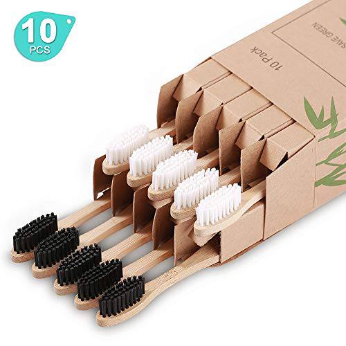 NUDUKO Bamboo Toothbrushes (10 Pcs) BPA Free Soft Bristles Biodegradable Toothbrushes, Natural Eco-Friendly Green and Compostable Wooden Tooth Brush
