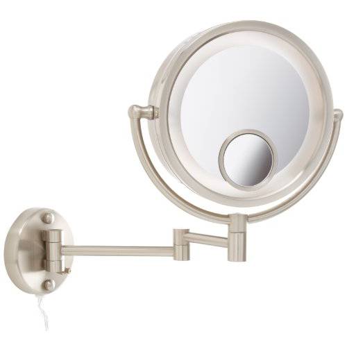 Jerdon Two-Sided Wall-Mounted Makeup Mirror with Lights - Lighted Mirror with 1X, 7X, & 15X Magnification & Wall-Mount Arm - 8.5-inch Diameter Mirror with Nickel Finish Wall Mount - Model HL8515N