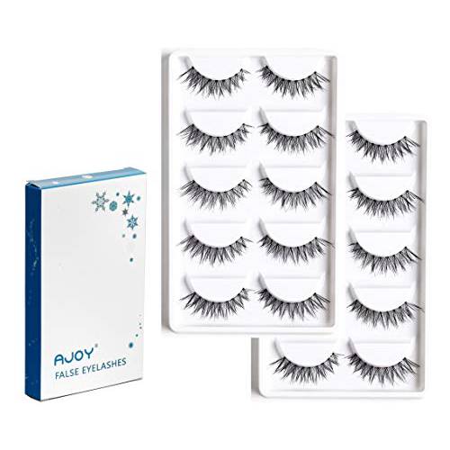 AJOY 10 Pairs Crisscross Style Demi Wispies Eyelashes, Natural Look Fake Eyelashes, Invisible Bands Whispy Eyelashes, Short Length Thin Strip Lashes and Clear Bands, R-10W