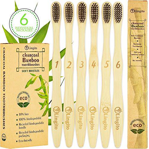Lingito 6-Pack Natural Charcoal Bamboo Toothbrushes | BPA Free Soft Bristles | Compostable, Eco Friendly, Natural, Organic & Vegan Toothbrush Pack | Individually Packaged & Numbered Active Brushes