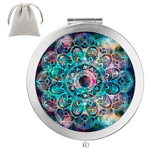 Dynippy Compact Mirror Round Double-Sided with 2 x 1x Magnification Makeup Mirror for Purses and Travel Folding Mini Pocket Mirror Portable Hand for Girls Woman Mother Great Gift - Galaxy Mandala