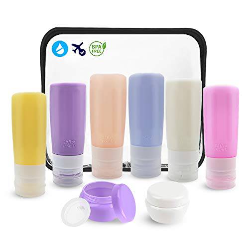 Travel Bottles TSA Approved, TCJJ 3oz BPA Free Silicone Travel Container, Leakproof Squeeze Travel Tube Cream Jars with Bag, Toiletry Bottle Set for Cosmetic Shampoo Conditioner Lotion Liquids (9 Pcs)