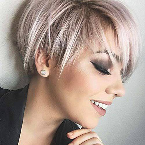 QUEENTAS Pixie Short Blonde Wig with Bangs Pixie Cut Wig Blonde with Dark Roots Synthetic Hair Wigs for White Women (Ombre Brown Blonde)
