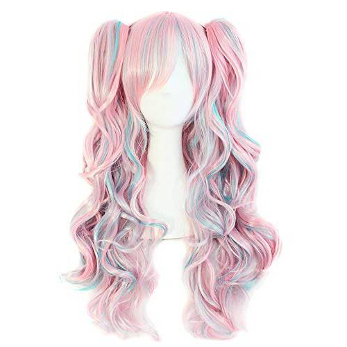 Anime Light Pink mix Blue Pigtail Wig for Women Synthetic Long Curly Cosplay Wig for Girls Halloween Costume Party Cosplay Wig (Color-8)