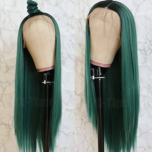 QD-Tizer Lace Front Wigs, Long Straight Hair Ombre Green Wig Glueless Heat Resistant Fiber Hair Synthetic Lace Front Wigs for Fashion Women