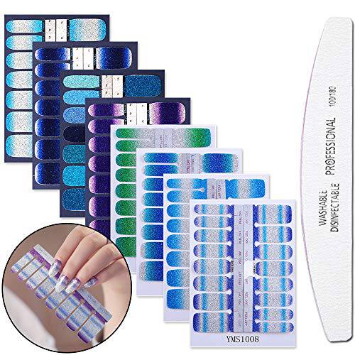 WOKOTO 8 Sheets Glitter Nail Art Wraps Decals Tips With 1Pc Nail File Solid Color Adhesive Nail Polish Stickers Strips Kit Manicure Accessories