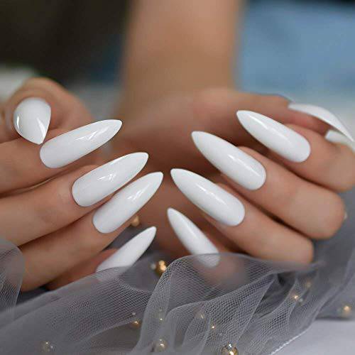 MISUD Extra Long False Nails Pure White Glossy Pointed Claw Full Cover Flake Nails Press-on Acrylic Nail Tips for Party and Prom(White)