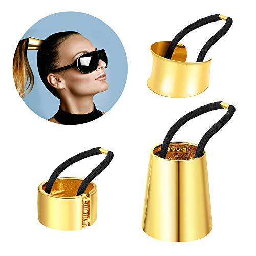 Ponytail Cuff Gold for Women Girls Gothic Punk Metal Circle Hair Ties Holder Elastic Hair Band Rope Fashion Hair Accessories Ladies Hair Rings Xmas Birthday Valentines Present Set 3 Styles
