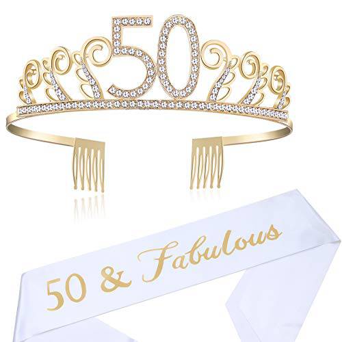BABEYOND 50th Birthday Tiara and Sash Crystal Happy Birthday Crown and Satin 50 & Fabulous Sash 50th Birthday Party Supplies Rhinestone 50th Princess Crown and Glitter Sash (50th Birth-Gold)