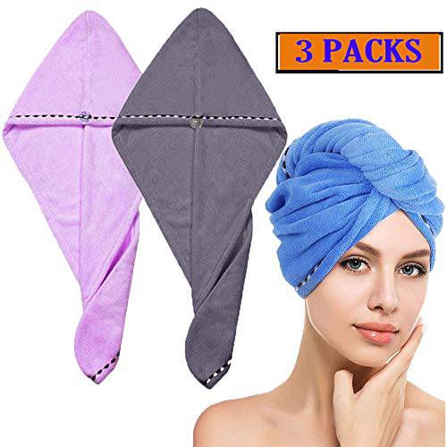 Microfiber Hair Towel Wrap for Women, Borogo 3Pcs Hair Towel Wrap Turban Drying Bath Shower Head Towel with Buttons, Dry Hair Hat, Wrapped Bath Cap