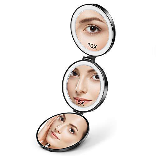 Lurrose Magnifying Mirror with Light,1X/5X/10X Led Lighted Travel Compact Makeup Mirror Handheld Illuminated Folding Portable Rechargeable Cosmetic Travel Mirror