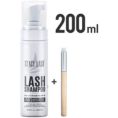 6.76 fl.oz / 200ml BIG Eyelash Extension Shampoo Stacy Lash + Brush / Eyelid Foaming Cleanser / Wash for Extensions & Natural Lashes / Paraben & Sulfate Free Safe Makeup Remover / Supplies for Professional & Home Use