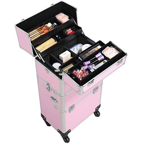 Yaheetech 3 in 1 Aluminum Rolling Makeup Case Large Cosmetic Train Case Big Trolley Organizer Case Makeup Organizer Travel Pink