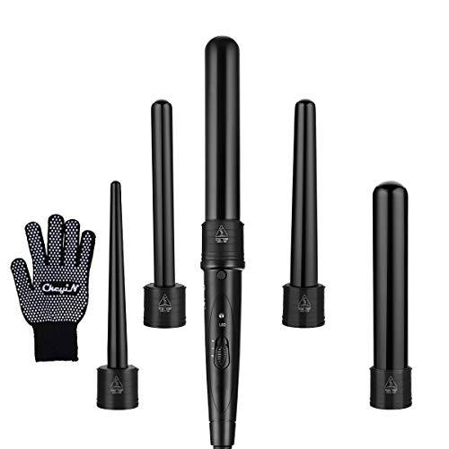 CkeyiN 5 in 1 Curling Iron Wand Set with 5 Interchangeable Ceramic Barrels and Temperature Control Dual Voltage Hair Curler for All Hairstyle, Include Glove (Black)