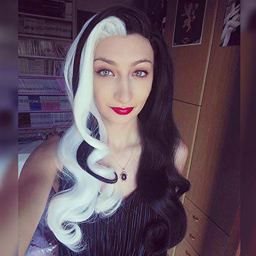 IMSTYLE Half Black Half White Lace Front Wig Cruella De Vil Wigs for Costume Party Synthetic Natural Long Wavy Halloween Wig