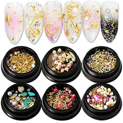 SILPECWEE 6 Boxes 3d Nail Charms AB Nail Rhinestones 3d Gold Caviar Nail Beads Nail Pearls Nail Gems Charms for Nails Acrylic Nail Jewelry Decoration with 1pc Tweezers, Picker Pencil